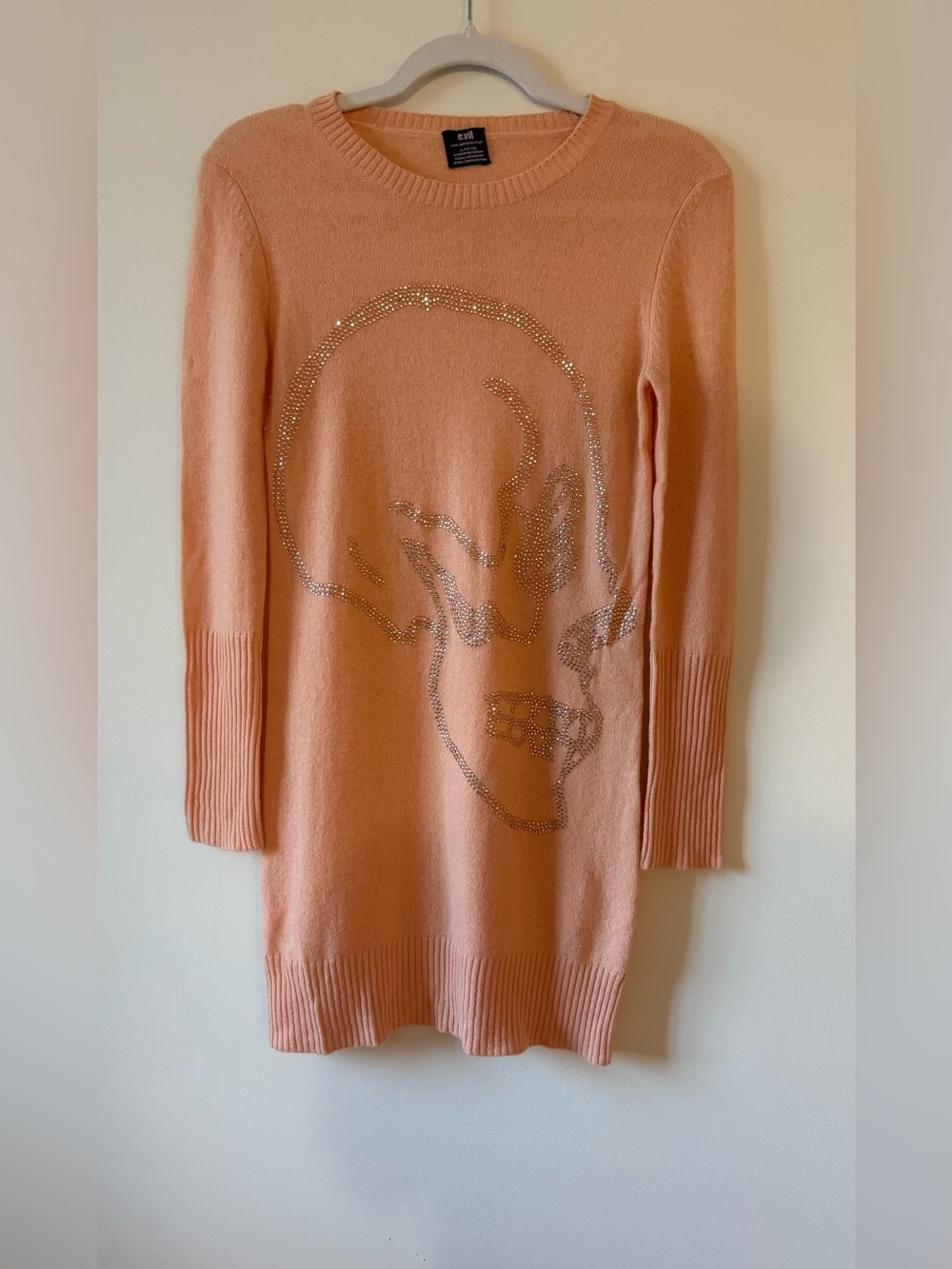 100% Cashmere Peach Sweater Rhinestone Skull Soft Knit S